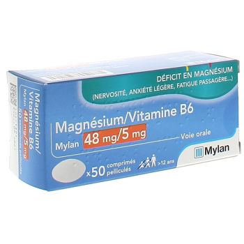 Magnesium Vitamine B6 Mylan 48mg/5mg - 50 comprimés pelliculés