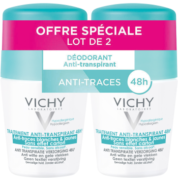 Déodorant anti-transpirant 48h anti-traces blanches & jaunes Vichy - lot de 2 roll-on billes de 50 ml