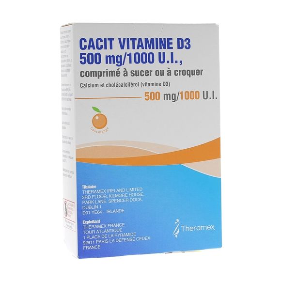 Cacit Vitamine D3 500 mg/1000 UI - boîte de 30 comprimés à croquer ou sucer