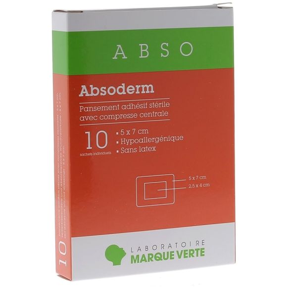 Absoderm Pansements adhésifs stériles avec compresse centrale 5x7cm Marque Verte - boîte de 10 sachets individuels