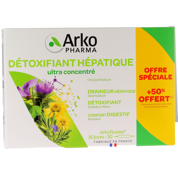 Arkofluides détoxifiant hépatique Arkopharma - 20 ampoules + 10 ampoules offertes