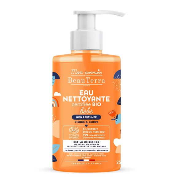 Eau nettoyante bébé bio peaux sensibles corps et cheveux Mon premier Beauterra - flacon-pompe de 750ml