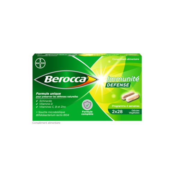 Berocca Immunité Défense Vitamine D, C, B et Zinc Lot de 2 x 28 gélules végétales