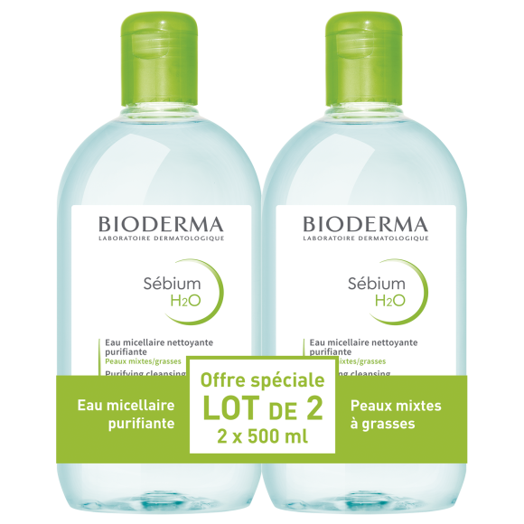 Sébium H2O Eau micellaire nettoyante purifiante Bioderma - 2 flacons de 500 ml