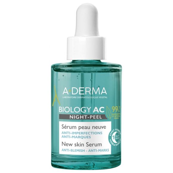 Biology AC Night-Peel Sérum peau neuve bio A-Derma - flacon-pipette de 30 ml