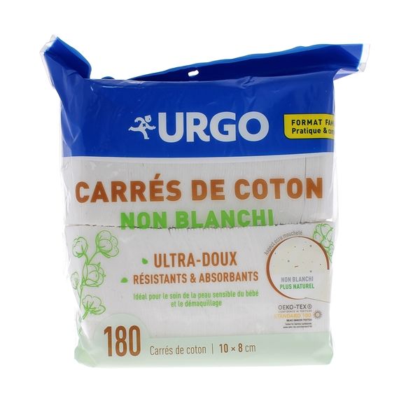 Carrés de coton non blanchi 10 x 8 cm Urgo - sachet de 180 carrés