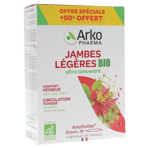 Arkofluides jambes légères Arkopharma - boîte de 30 ampoules offre spéciale 50% offert