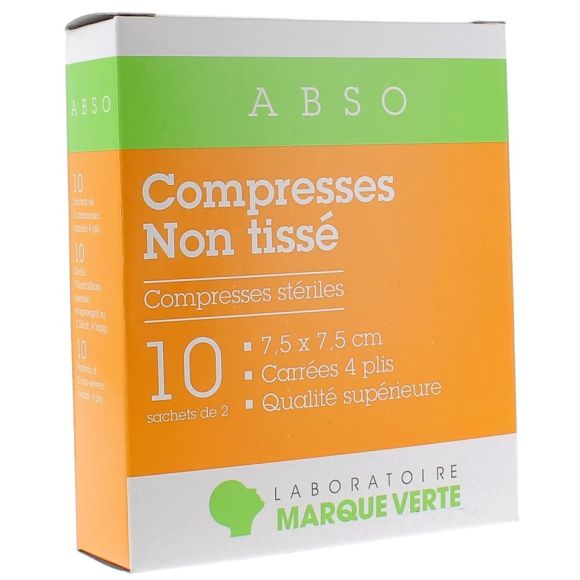 Compresses stériles non tissé Marque Verte - boîte de 10 sachets de 2 compresses de 7,5x7,5cm