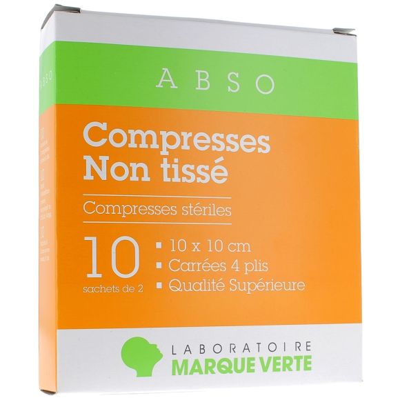 Compresses stériles non tissé Marque Verte - boîte de 10 sachets de 2 compresses de 10x10cm