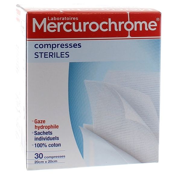 Compresses stériles coton Mercurochrome - boite de 30 compresses