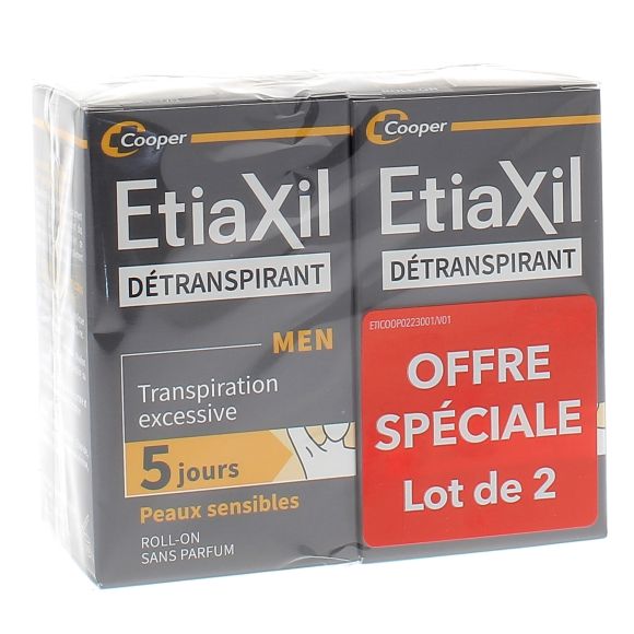 Détranspirant Men homme aisselles peau sensible Etiaxil - lot de 2 roll-on de 50 ml