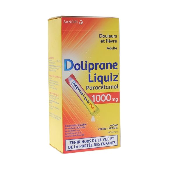 Doliprane Liquiz 1000mg sans sucre suspension buvable arôme crème caramel - boîte de 8 sachets