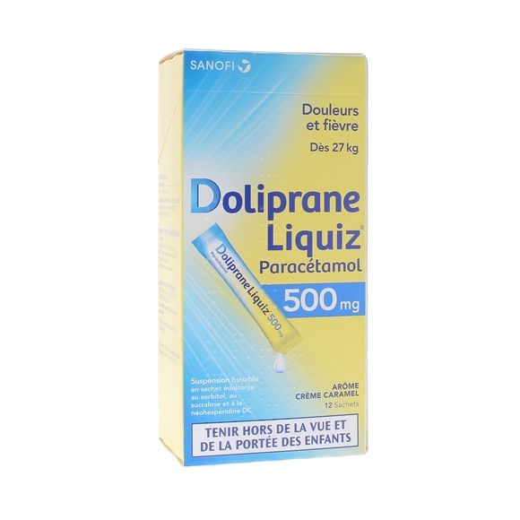 Doliprane Liquiz 500mg sans sucre suspension buvable arôme crème caramel - boîte de 12 sachets