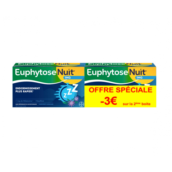 Euphytose Nuit sommeil mélatonine et passiflore - lot de 2 boîtes de 30 comprimés