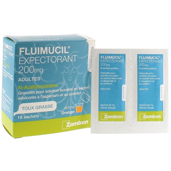 Fluimucil expectorant 200 mg toux grasse Zambon - 18 sachets arôme orange