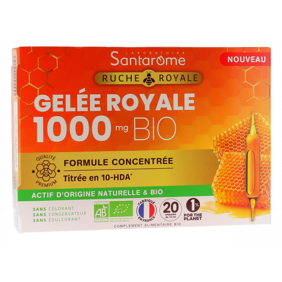 Gelée royale 1000mg bio Santarome - boîte de 20 ampoules de 10ml