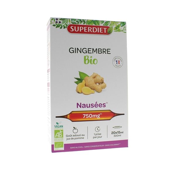 Gingembre bio Nausées, mal des transports SuperDiet - boîte de 20 ampoules de 15ml