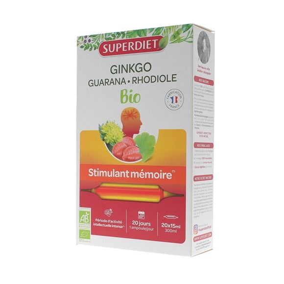 Ginkgo guarana rhodiole bio stimulant mémoire Super Diet - boîte de 20 ampoules