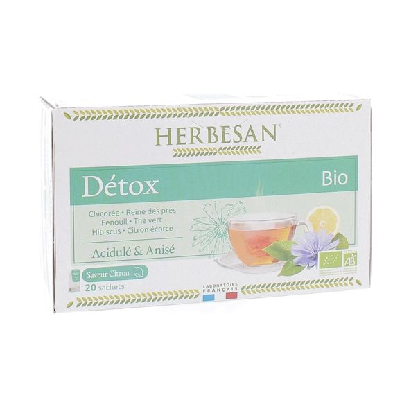 Infusion Bio détox saveur citron Herbesan - boîte de 20 sachets