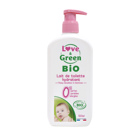 Lait de toilette hydratant bio Love & Green - flacon-pompe de 500 ml