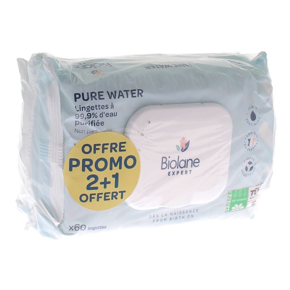 Lingettes Pure Water Biolane - lot de 3 x 60 lingettes