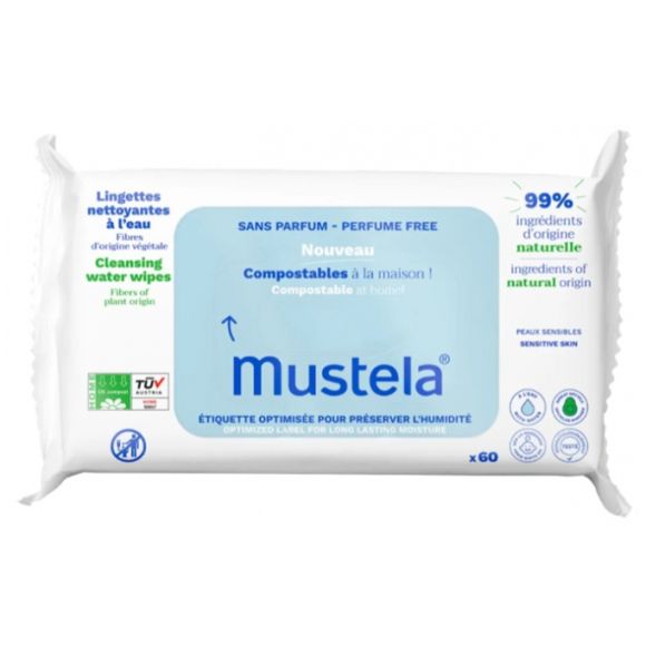 Lingettes nettoyantes compostables sans parfum Mustela - sachet de 60 lingettes