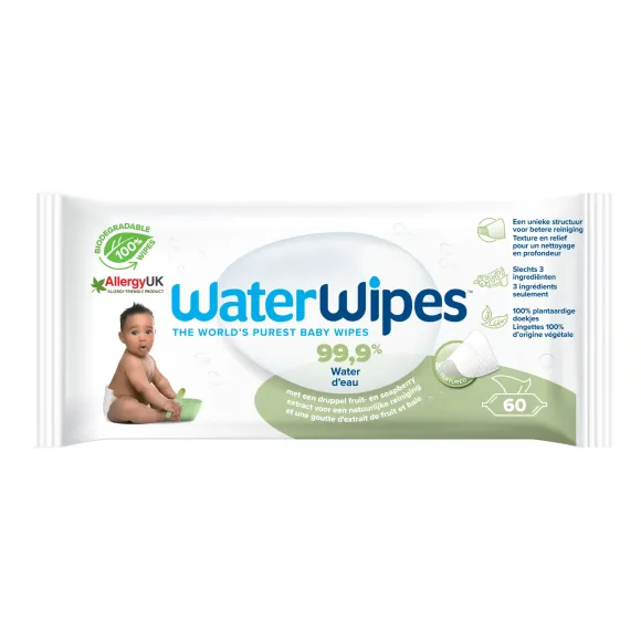 Lingettes nettoyantes bébé peaux sensibles WaterWipes - paquet de 60 lingettes