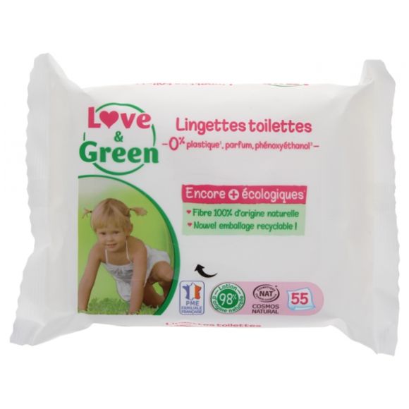 Lingettes toilettes sans parfum Love & Green - paquet de 55 lingettes