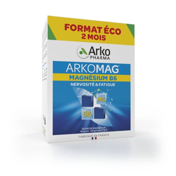 Arkomag Magnésium B6 nervosité et fatigue Arkopharma - boîte de 120 gélules programme de 2 mois