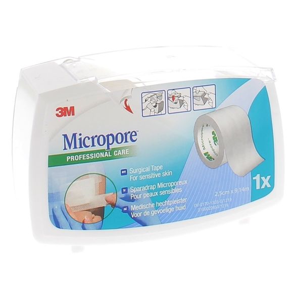 Micropore Sparadrap blanc avec dévidoir 3M - rouleau de 2,5 cm x 9,14 m