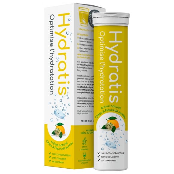 Solution d'hydratation goût citron & fleurs de sureau Hydratis - tube de 20 pastilles effervescentes