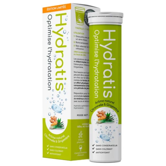 Solution d'hydratation goût citronnelle & gingembre Hydratis - tube de 20 pastilles effervescentes