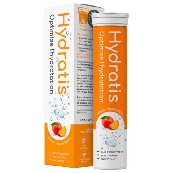 Solution d'hydratation goût pêche Hydratis - tube de 20 pastilles effervescentes