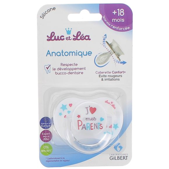 Sucette silicone anatomique "J'aime mes parents" +18 m Luc et Léa - une sucette