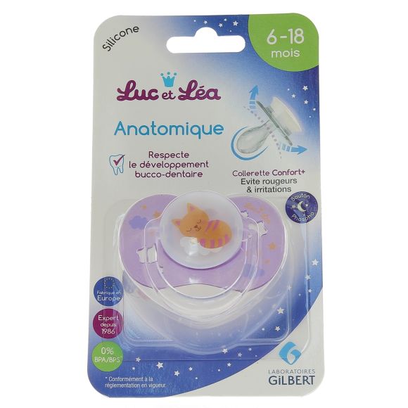 Sucette silicone anatomique avec anneau nuit 6-18 mois Luc et Léa - une sucette