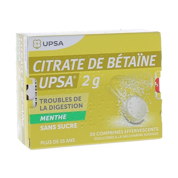 Citrate de bétaine 2g menthe sans sucre UPSA - boite de 20 comprimés effervescents