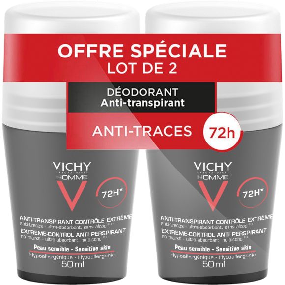 Déodorant anti-transpirant 72h peau sensible Vichy homme - lot de 2 flacons bille de 50 ml