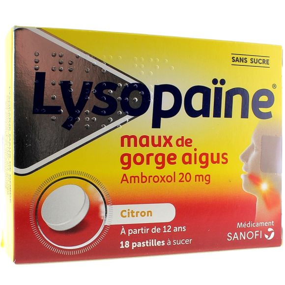 Lysopaïne sans sucre maux de gorge citron 20 mg - boite de 18 comprimés