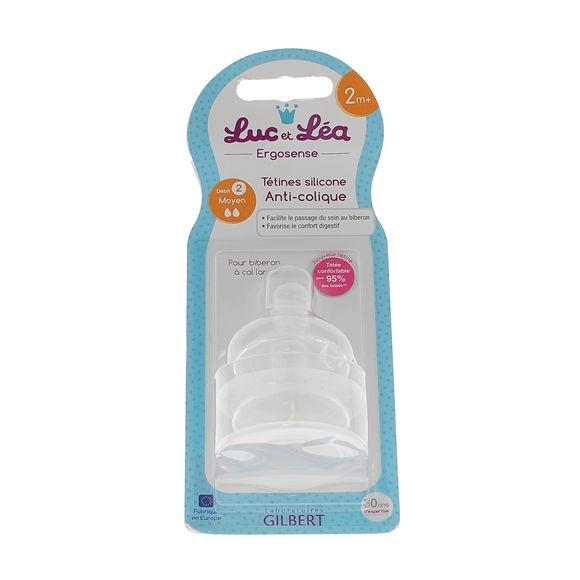 Tétines silicone anti-colique 2 mois+ débit moyen Luc et Léa - 2 tétines