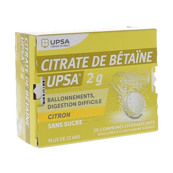 Citrate de betaine 2g citron sans sucre effervescent UPSA - boite de 20 comprimés